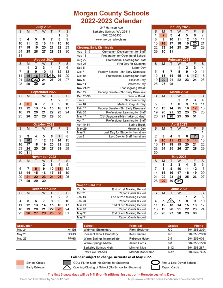 2022 2023 School Calendar Berkeley Springs High School