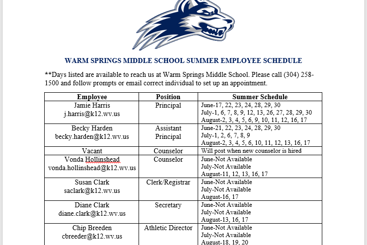 WSMS Summer Hours