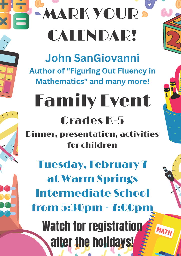 Mark your calendar! Family event for students in grades K-5.