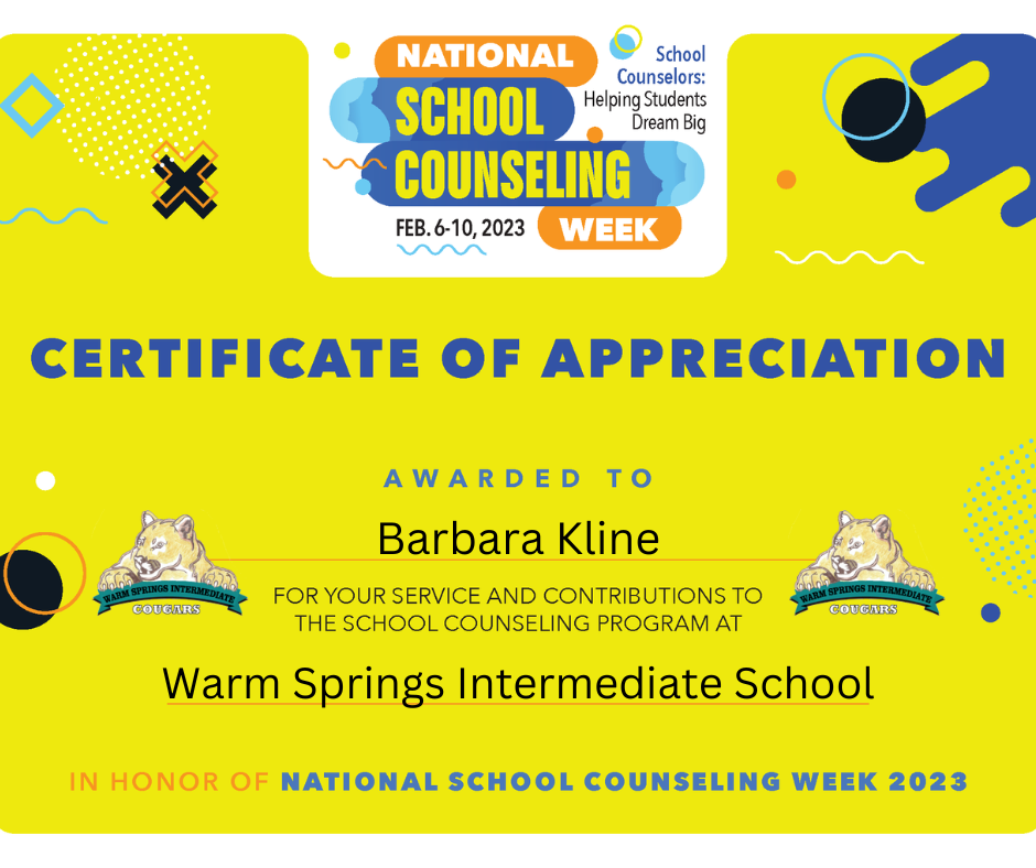 Barbara Kline - WSIS Certificate of Appreciation School Counseling Week