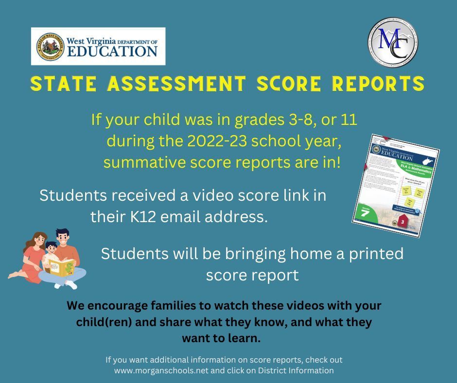 State assessment score report videos are in the student k12 email. A printed score report will be sent home.